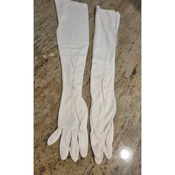 Vintage Womens Size M white Nylon Formal 22" Long Opera Gloves *missing buttons* - Picture 6 of 16